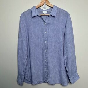 J. Jill Love Linen Blue Button Down Shirt Large Petite Long Sleeve 100% Linen